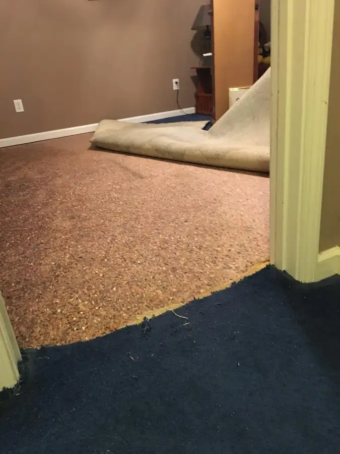 Carpet pad removal revealing water damage during Drying & Dehumidification in Fairfield Glade
